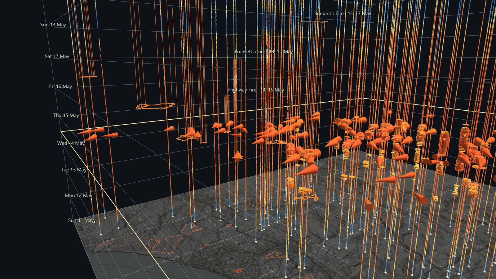 11:00 on 14 May, looking inland from over the coast: offshore cones, alert spindles, fires igniting
