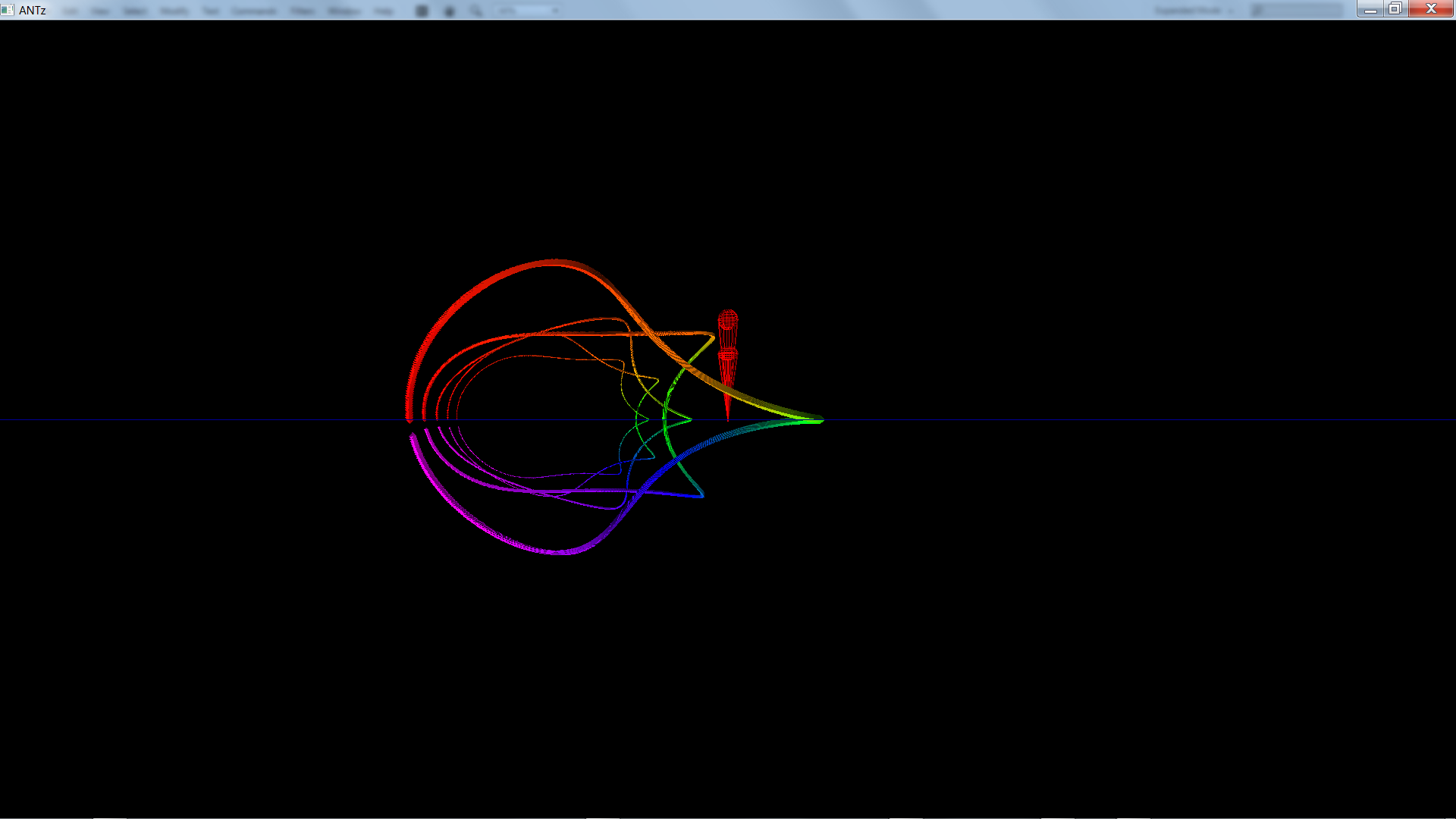 An HCS plot of a trigonometric series: smooth rainbow-coloured ribbons folding through a lens-shaped structure on a black field.