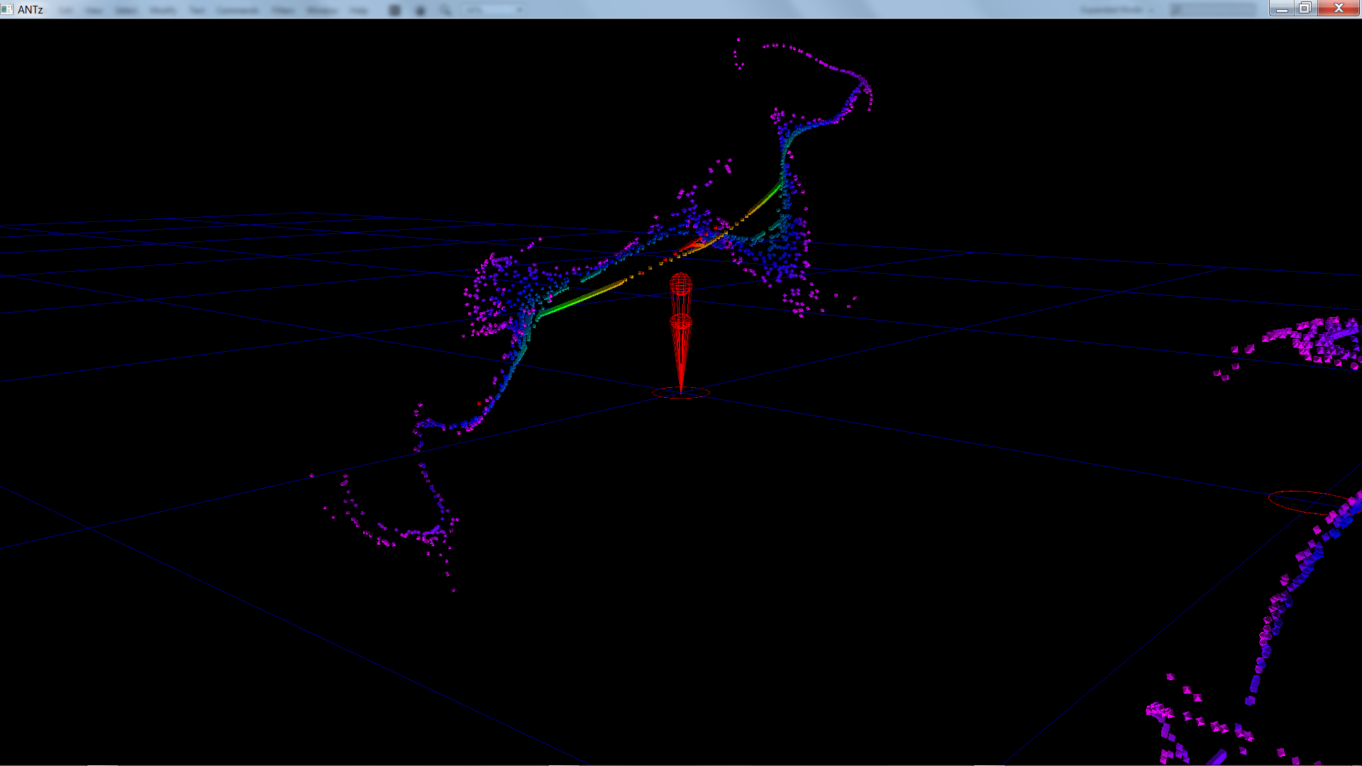 An HCS plot of a bifurcation map: dense clouds of blue and magenta points strung along bright green and red filaments over a blue ground grid.